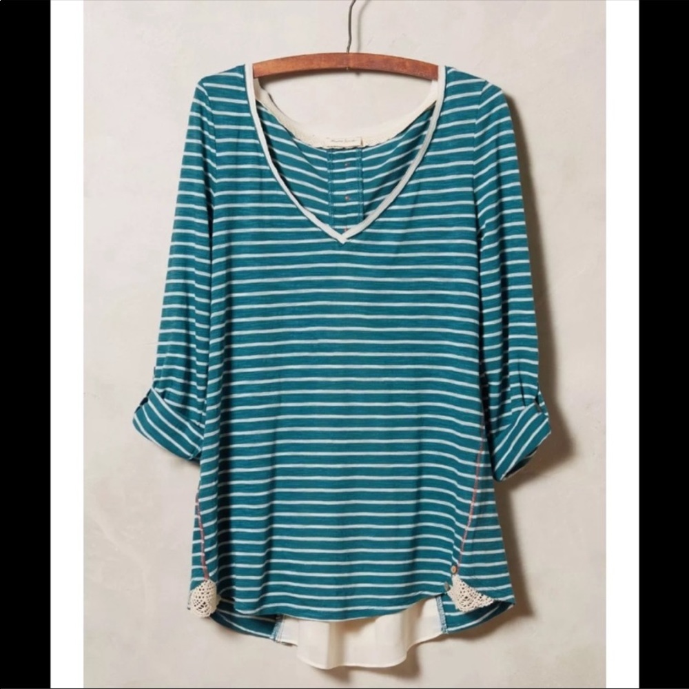 Anthropologie Teal and White Striped Long Sleeve Tee - Picture 1 of 7